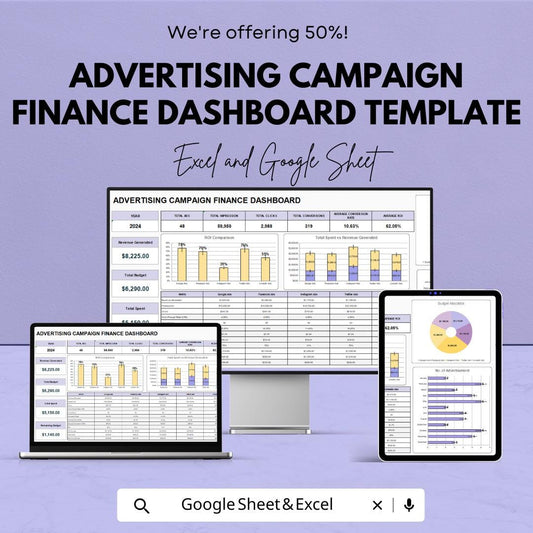 Advertising Campaign Finance Dashboard Template | Marketing Budget Tracker | ROI Dashboard | Ad Spend Tracker | Editable Analytic sheet