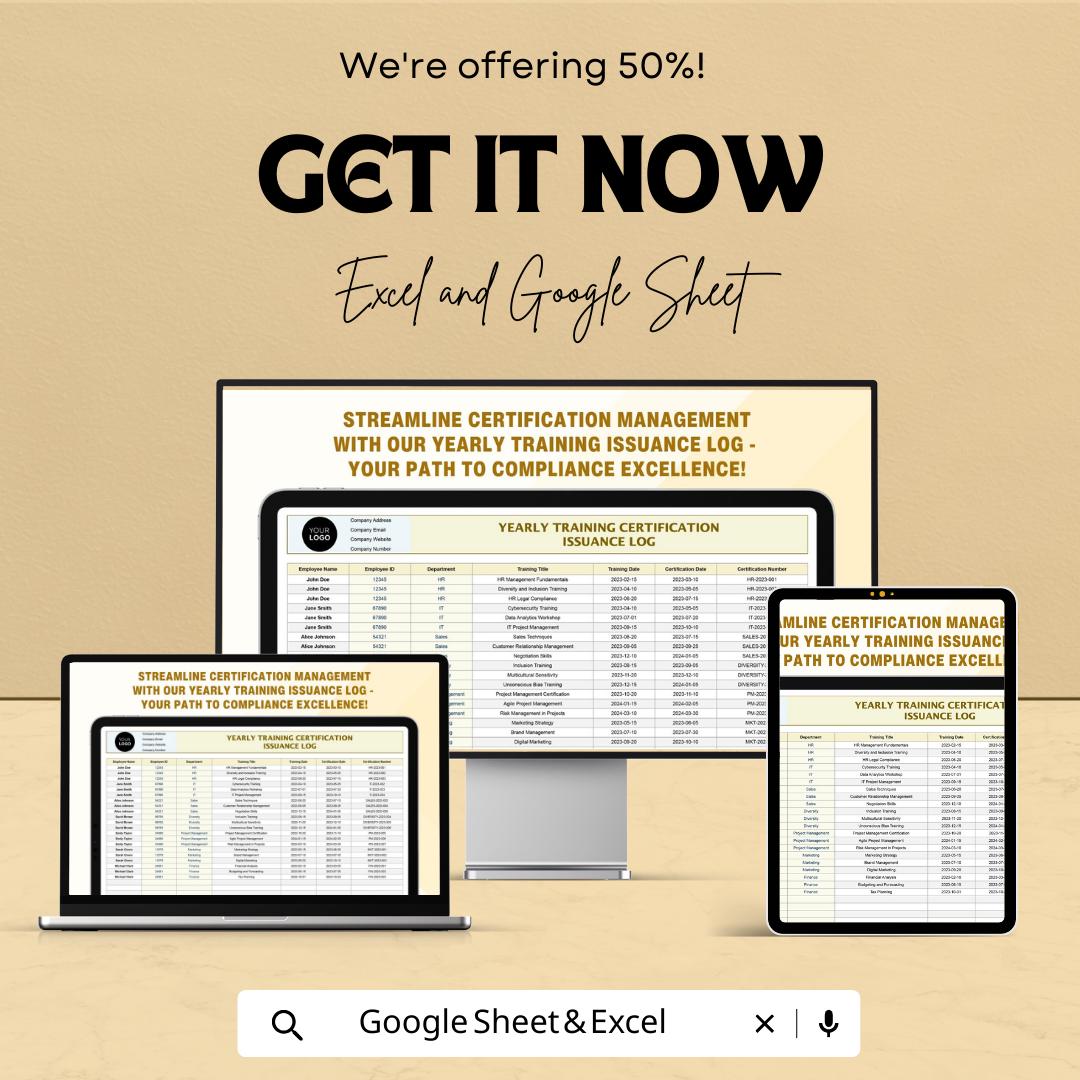 Yearly Training Certification Issuance Log Template | HR Training Tracker Excel & Google Sheets | Employee Certification Record Spreadsheet