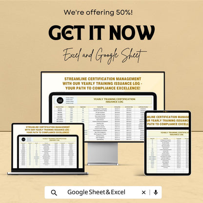 Yearly Training Certification Issuance Log Template | HR Training Tracker Excel & Google Sheets | Employee Certification Record Spreadsheet