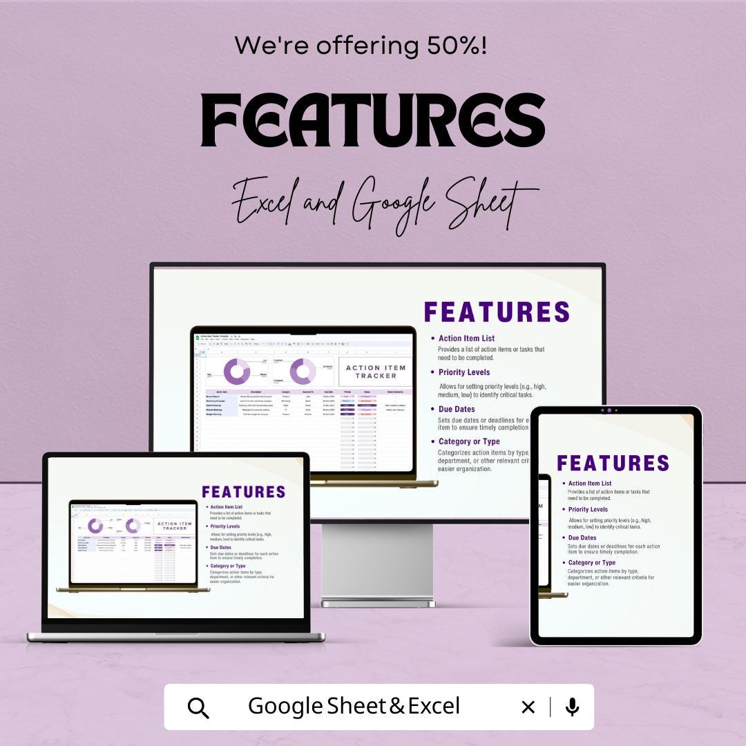 Action Item Tracker Template  | Task Tracker Spreadsheet | Project Task Manager | To Do List Tracker | Team Task Planner