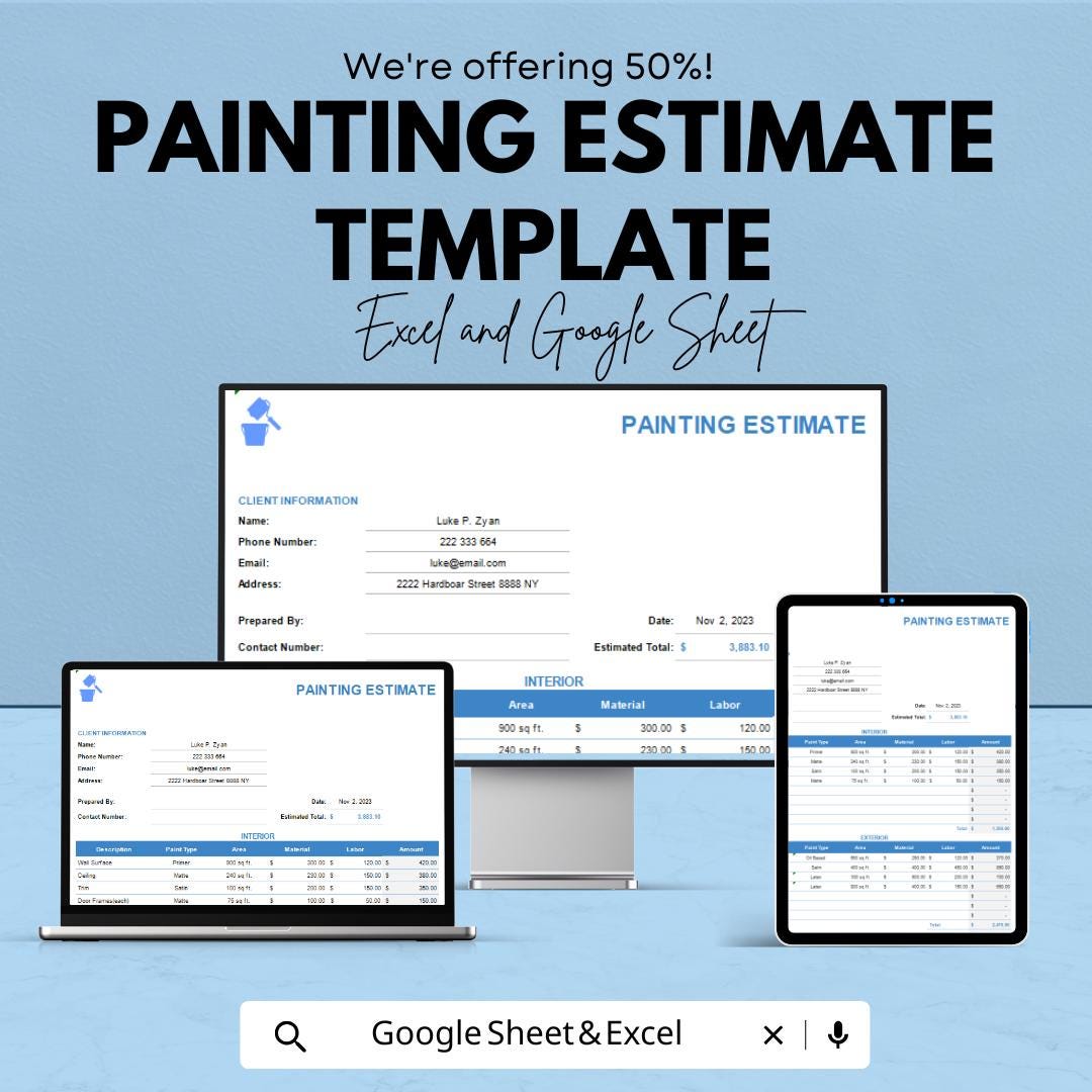 Painting Estimate Template | Contractor Estimate Form | House Painting Cost Calculator | Business Template