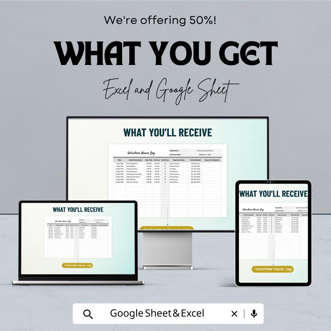 Volunteer Hours Log Sheet | Google Sheets and Excel | Track Volunteer Time, Activity & Supervisor Info | Printable Digital Template