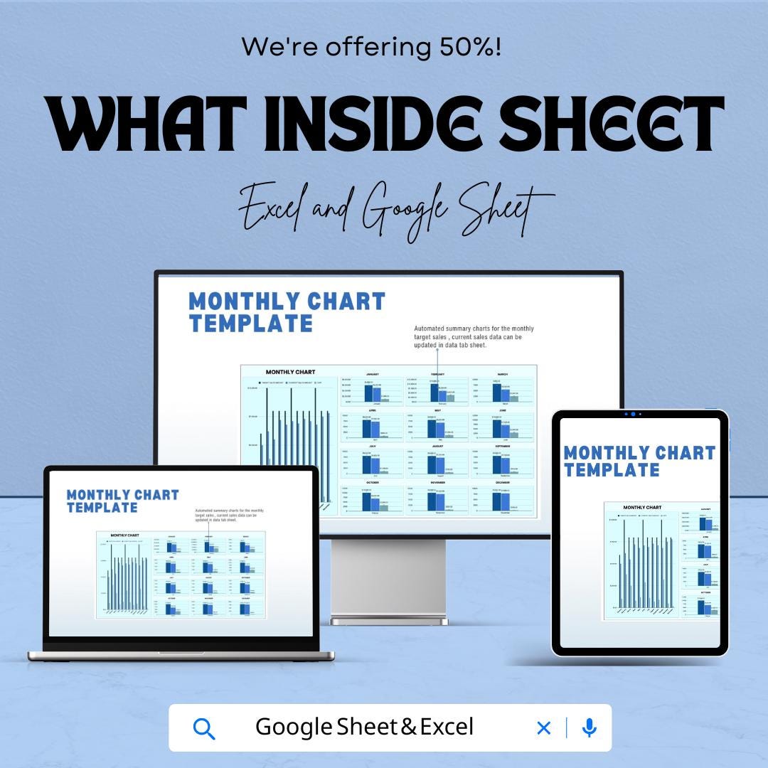 Monthly Chart Sheet | Excel and Google Sheets Template for Data Analysis | Sales & Budget Tracking | Visualize Monthly Progress