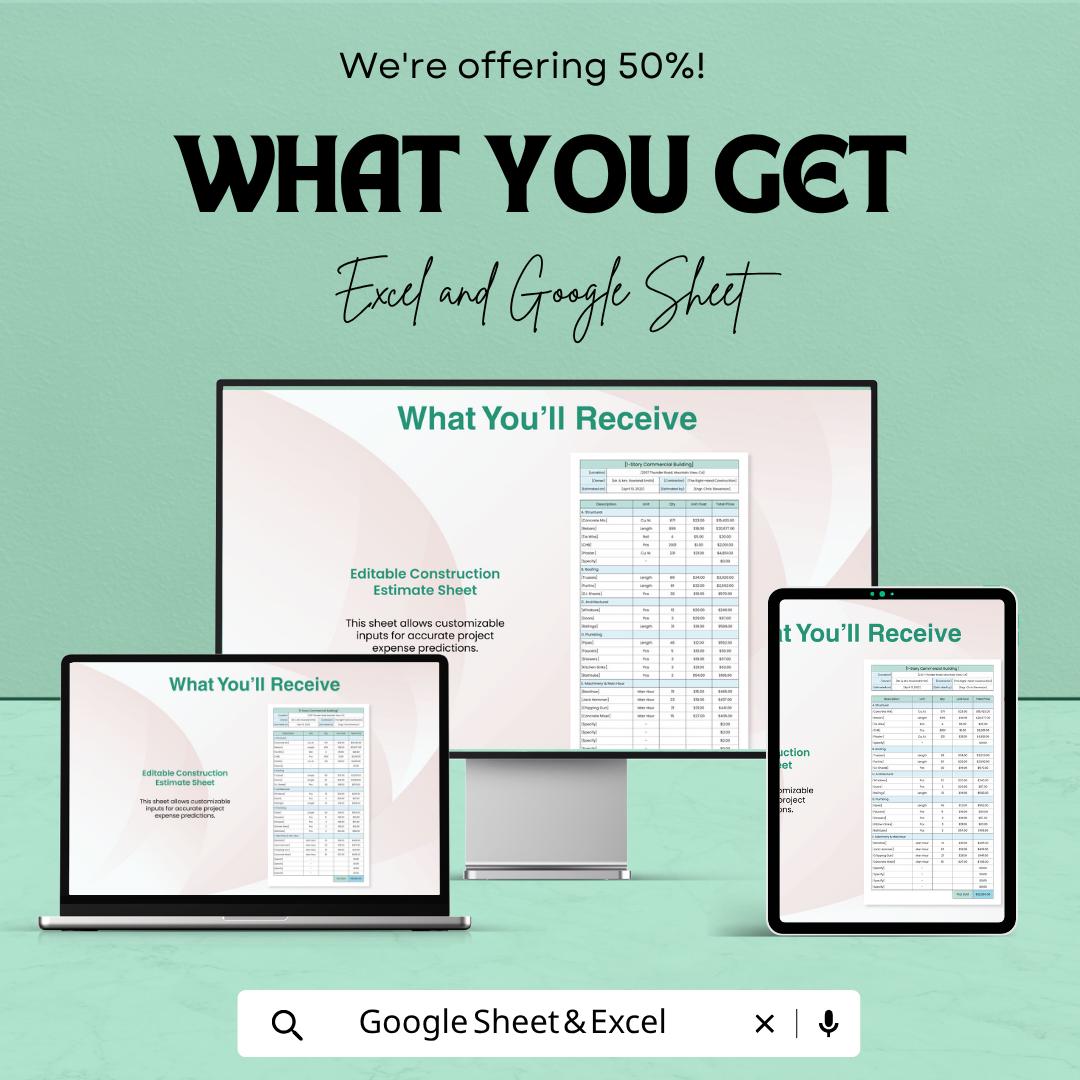 Editable Construction Cost Estimate Template | Construction Budget Spreadsheet | Building Cost Calculator | Excel & Google Sheets |