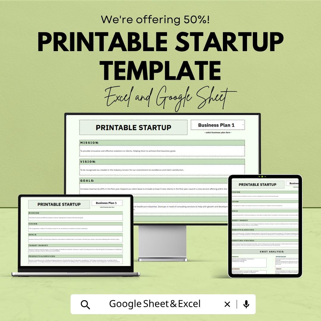 Printable Startup Template | Business Plan Spreadsheet | Startup Business Planner | Excel & Google Sheets | Entrepreneur Planning Template