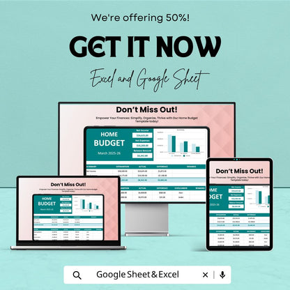 Home Budget Template Excel Google Sheets | Monthly Budget Planner Spreadsheet | Expense Tracker | Household Finance Planner |