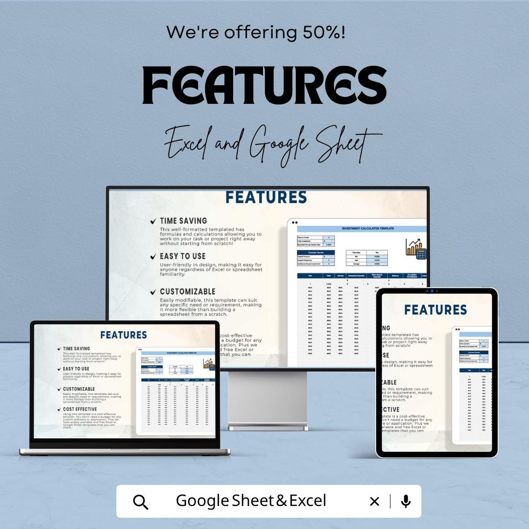 Investment Calculator Template | Compound Interest Spreadsheet | ROI & Savings Planner | Investment Tracker | Wealth Planner Tool