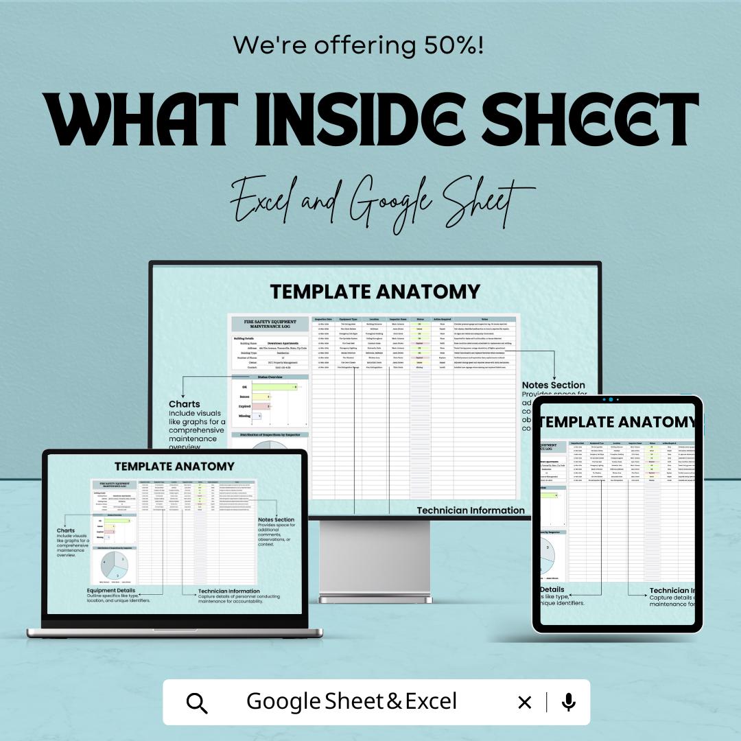Fire Safety Equipment Maintenance Log Sheet | Excel and Google Sheets Template | Track & Manage Fire Safety Inspections