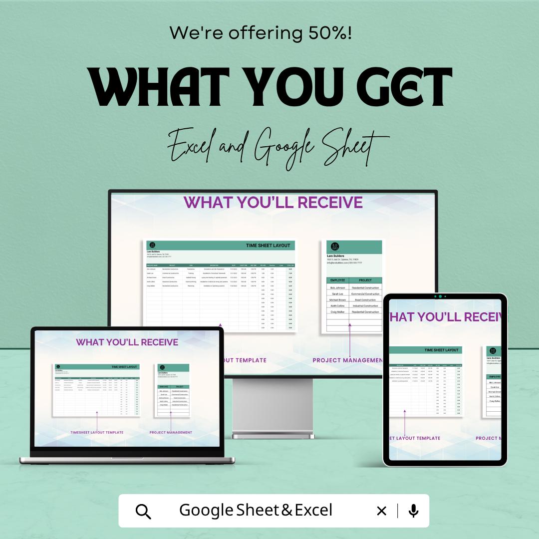 Timesheet Layout Template | Employee Timesheet Spreadsheet | Work Hours Tracker Template | Payroll Time Log Sheet