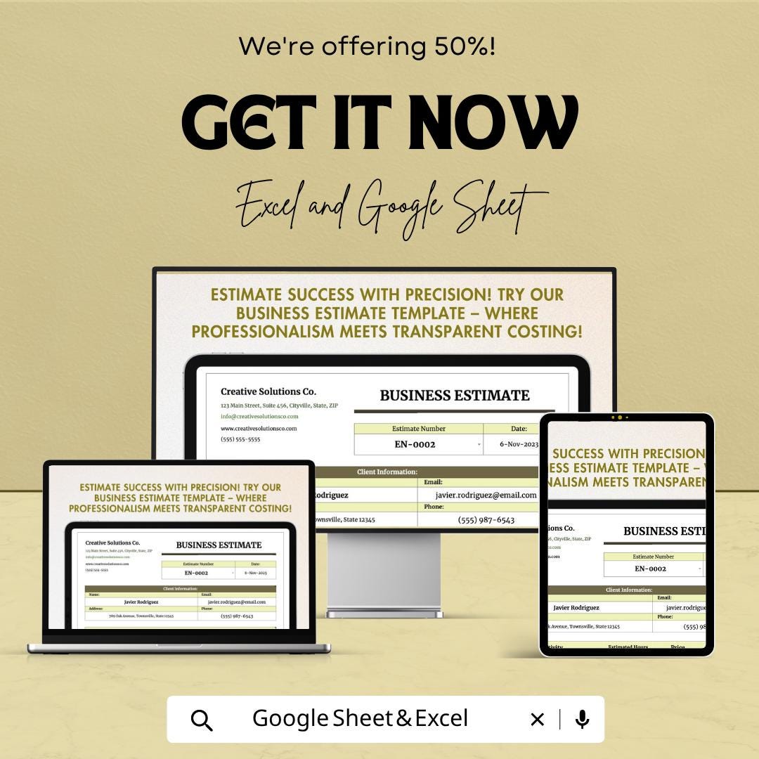 Business Estimate Template | Estimate Invoice Spreadsheet | Service Estimate Template | Project Cost Estimate Sheet