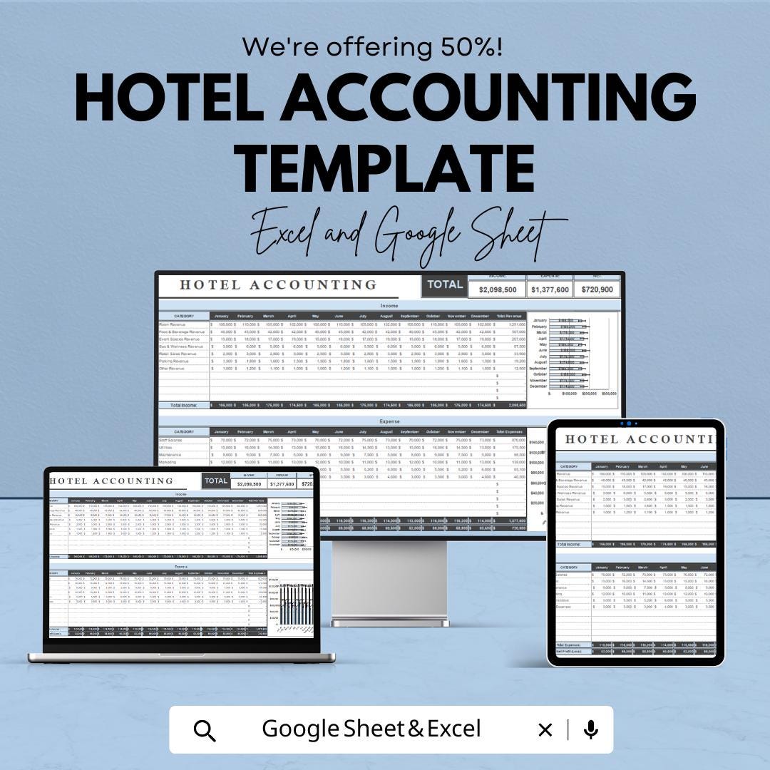 Hotel Accounting Template | Hotel Finance Tracker | Room Revenue & Expense Log | Hospitality Accounting Spreadsheet
