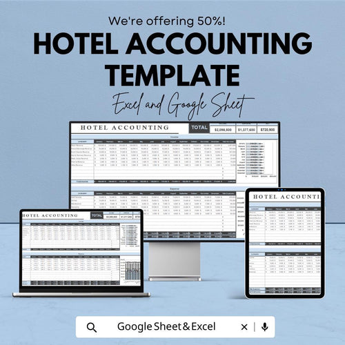 Hotel Accounting Template | Hotel Finance Tracker | Room Revenue & Expense Log | Hospitality Accounting Spreadsheet