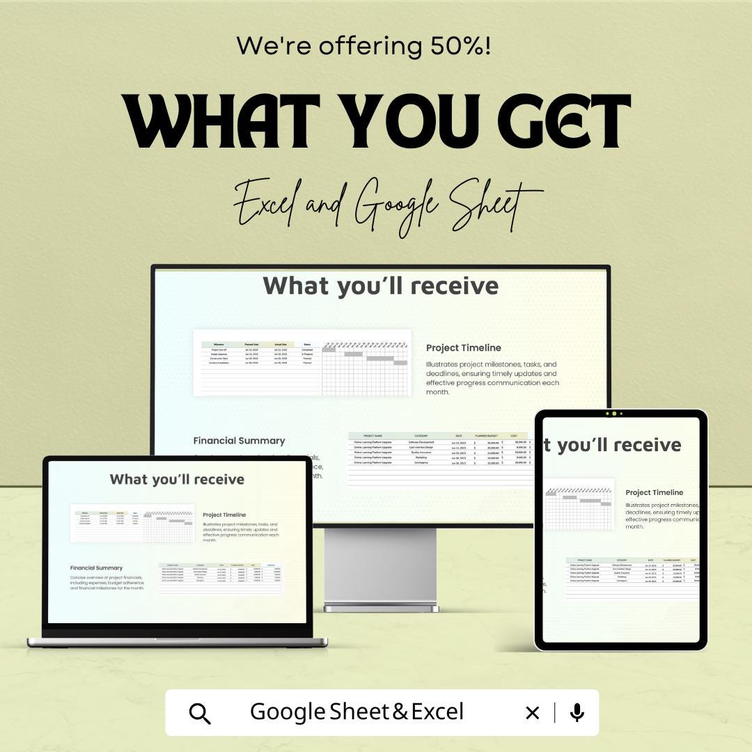 Monthly Project Report Sheet | Excel & Google Sheets Template | Project Tracking, Budgeting, Milestone Monitoring | 50% Off