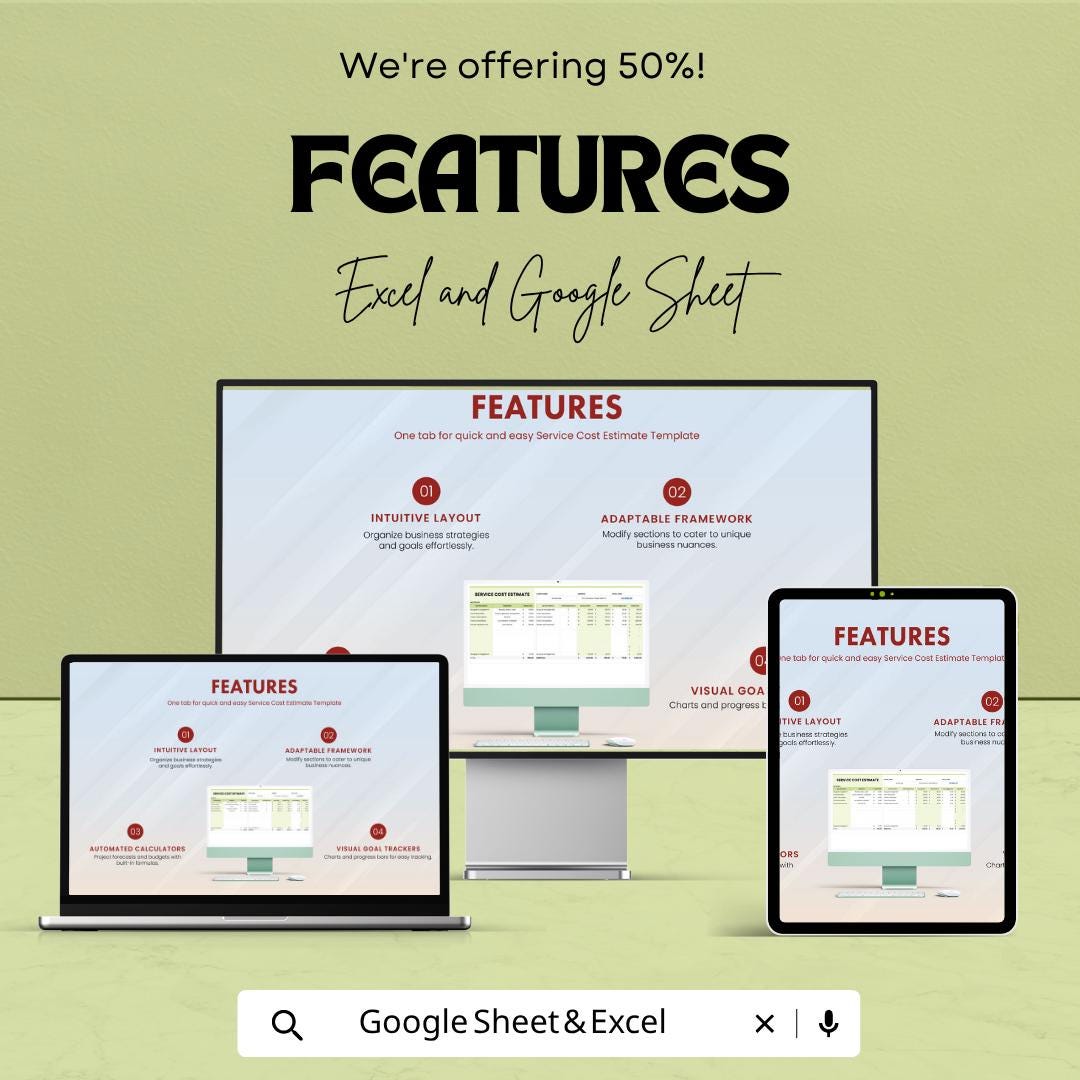 Service Cost Estimate Template | Service Pricing Spreadsheet | Excel & Google Sheets | Business Cost Calculator | Service Quote Template