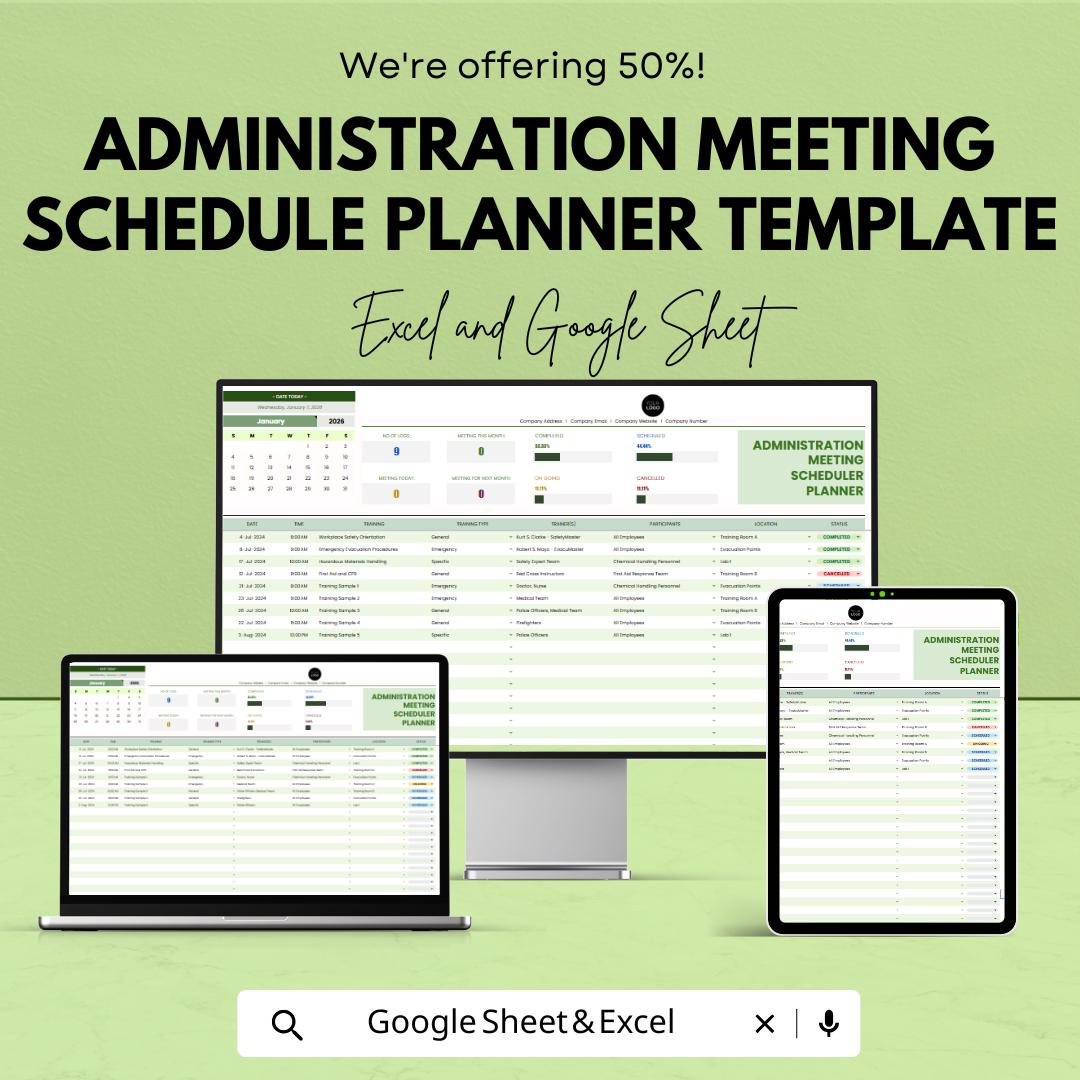 Administration Meeting Schedule Planner Template | Admin Meeting Scheduler | Excel & Google Sheets Planner | Office Meeting Organizer