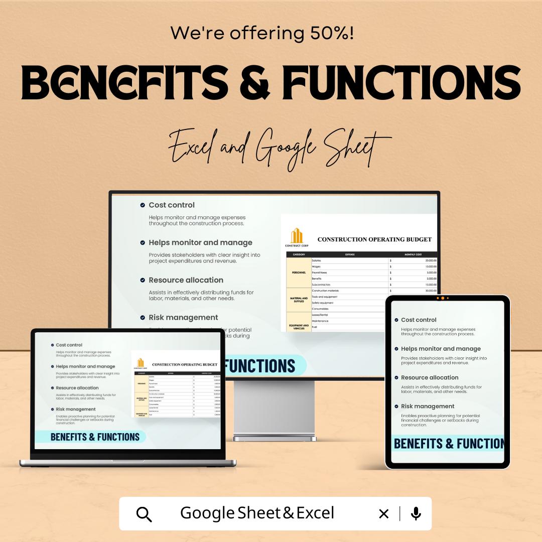 Construction Operating Budget Template | Excel & Google Sheets | Construction Budget Planner | Project Cost Spreadsheet