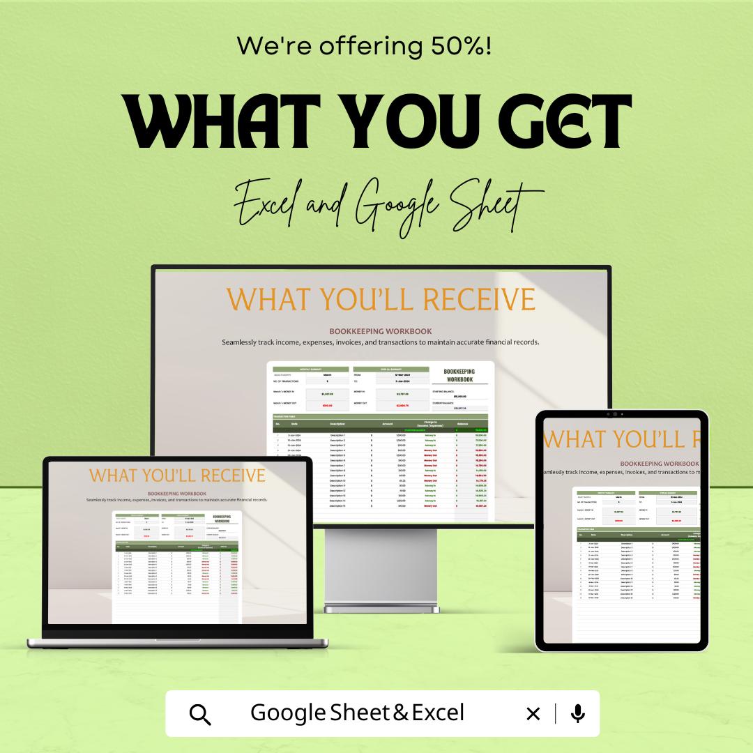 Bookkeeping Workbook Sheet for Financial Management | Google Sheet Template | Track Income & Expenses | Budgeting and Accounting Tool