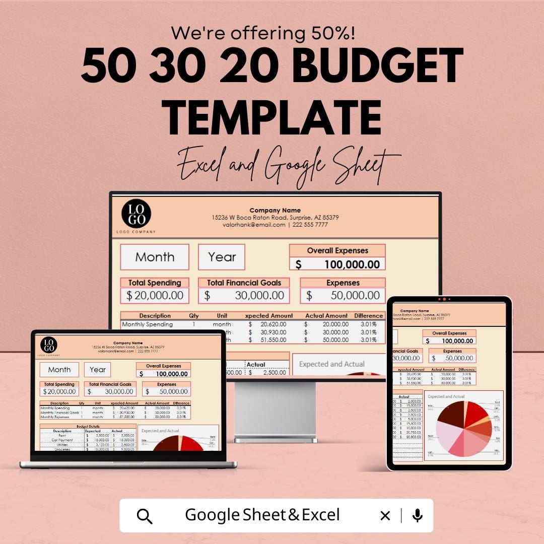 50 30 20 Budget Template | Monthly Budget Spreadsheet | Personal Finance Planner | Excel & Google Sheets