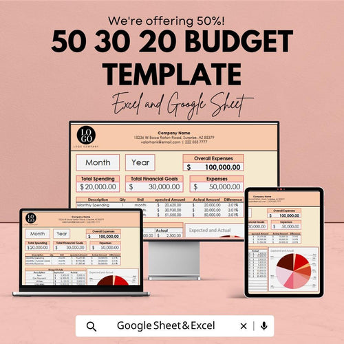 50 30 20 Budget Template | Monthly Budget Spreadsheet | Personal Finance Planner | Excel & Google Sheets