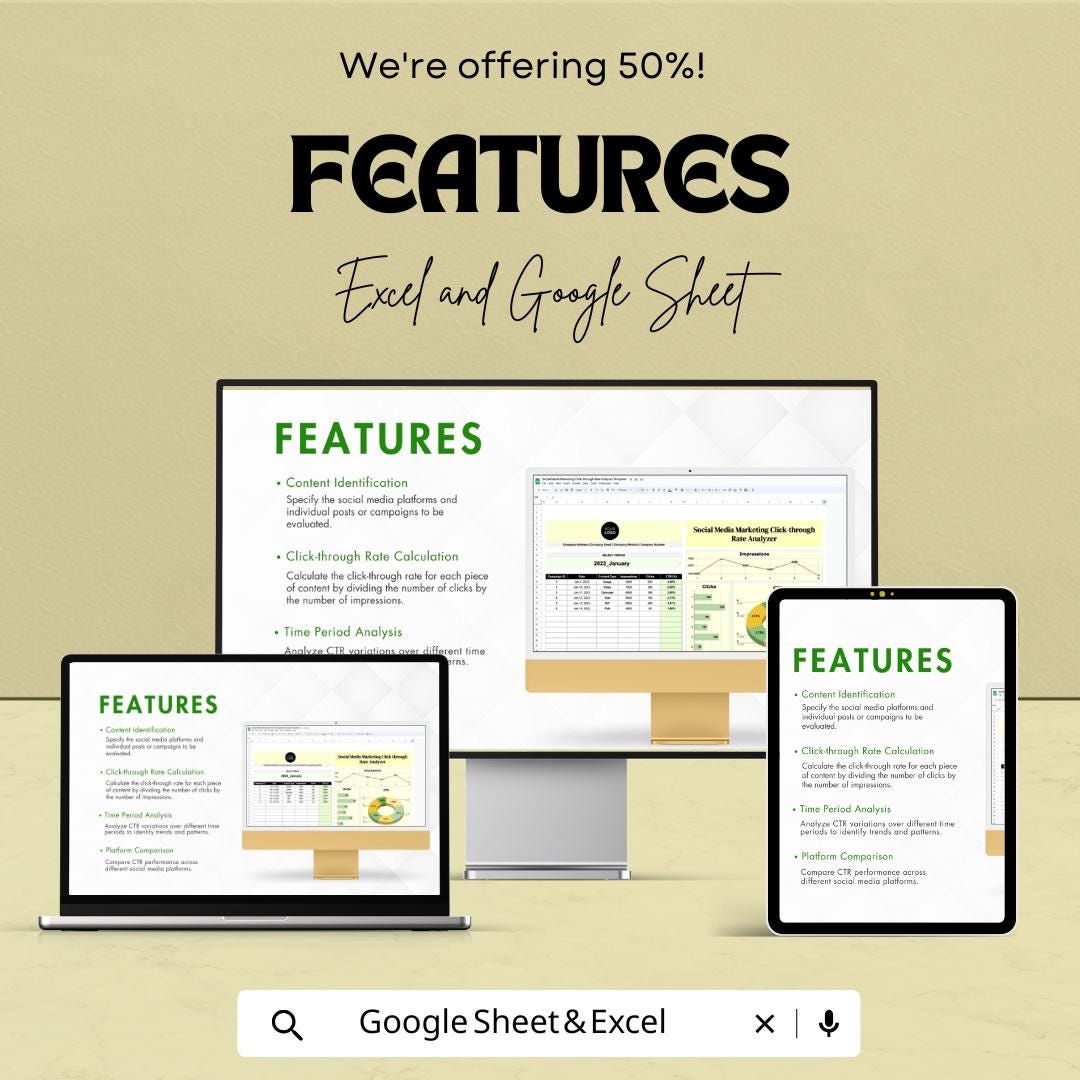 Social Media Marketing Click-through Rate Analyzer Template | CTR Tracker Spreadsheet | Click-through Rate Analyzer | Excel CTR Dashboard |