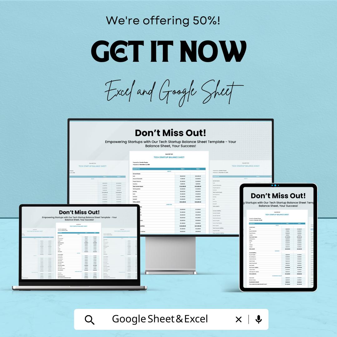 Tech Startup Balance Sheet Template | Excel and Google Sheet | Startup Financial Tracker | Assets Liabilities Equity Sheet