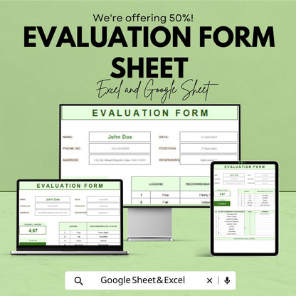 Evaluation Form Sheet - Customizable Excel & Google Sheet Template for Performance Assessment
