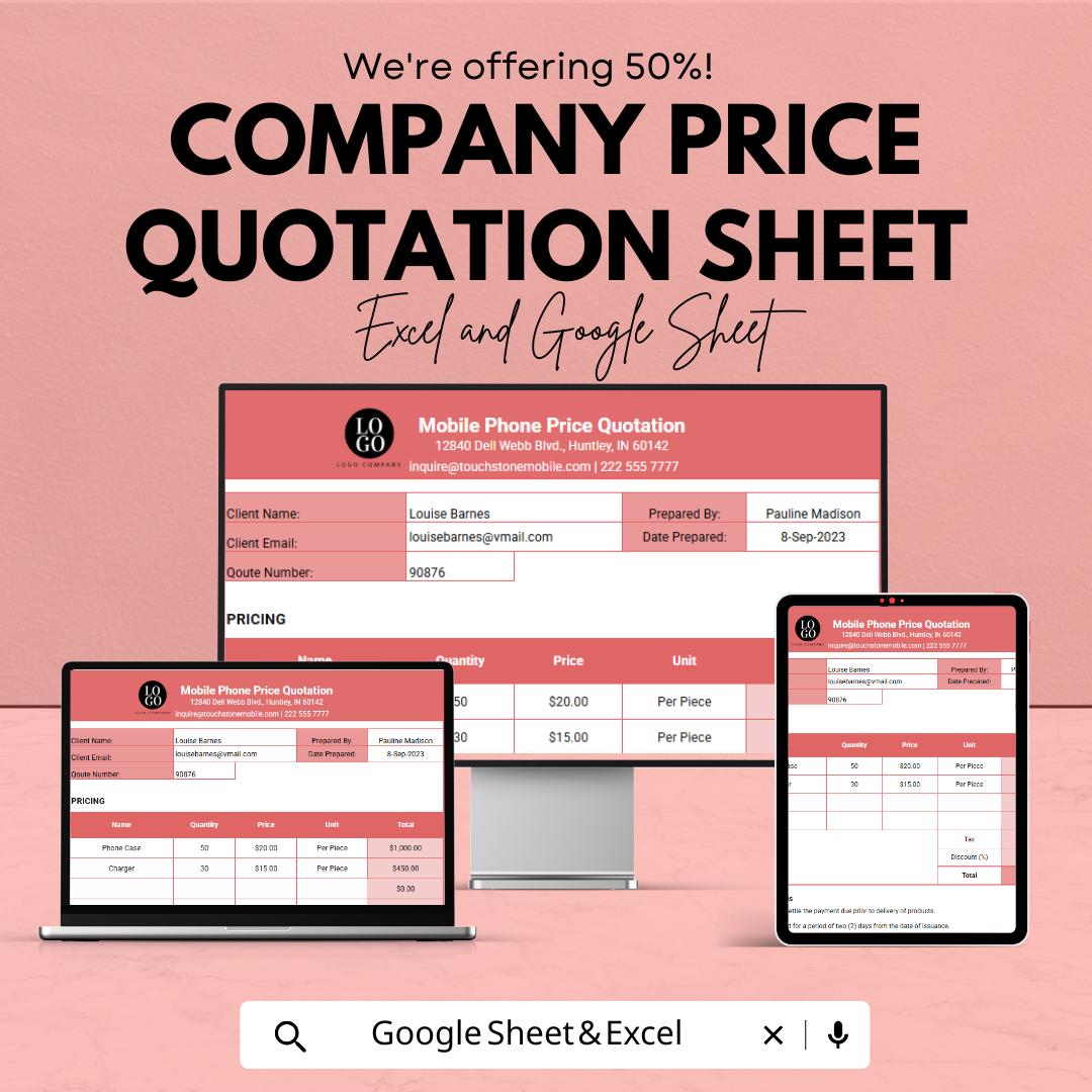 Company Price Quotation Sheet Template | Excel & Google Sheets | Business Quote Form | Sales Estimate Template | Digital Download
