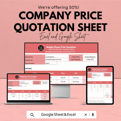 Company Price Quotation Sheet Template | Excel & Google Sheets | Business Quote Form | Sales Estimate Template | Digital Download