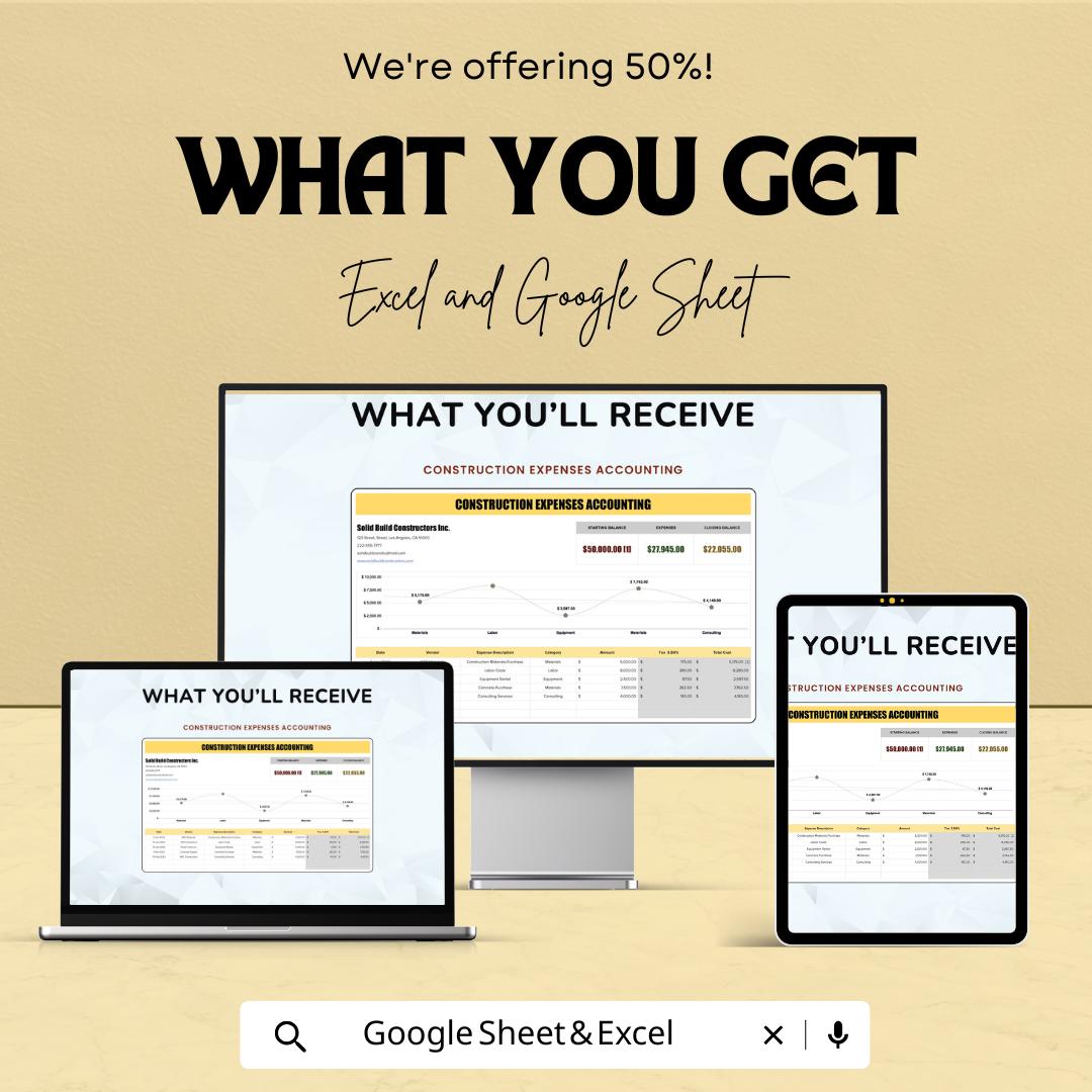 Construction Expenses Accounting Template | Excel & Google Sheets | Job Cost Tracker | Contractor Expense Log | Project Budget Spreadsheet