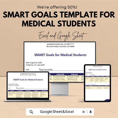 Smart Goals Template for Medical Students | Study Planner | Goal Setting Tracker | Academic Progress Template | Editable Digital Planner