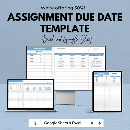 Assignment Due Date Template | Student Planner Spreadsheet | Homework Tracker | Excel & Google Sheets | Assignment Tracker Dashboard
