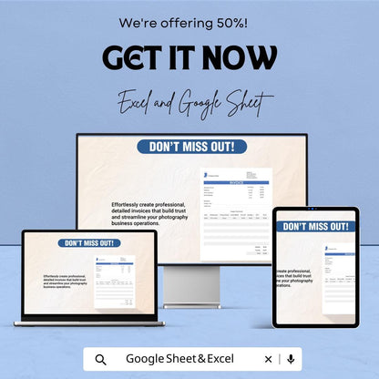 Simple Photography Invoice Template - Excel & Google Sheets, Professional Photography Billing, Customizable Invoice Sheet