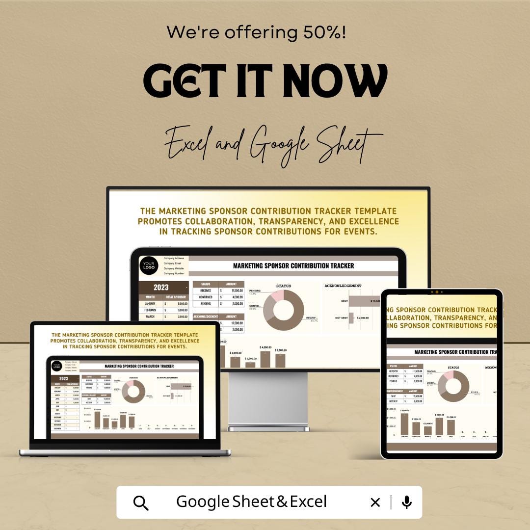 Marketing Sponsor Contribution Tracker | Event Sponsorship Log | Excel and Google Sheets for Fundraising, Donation & Acknowledgement Tracker