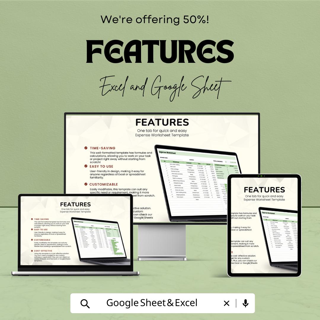 Expense Worksheet Template Excel, Business Expense Tracker, Budget Spreadsheet, Expense Report Sheet, Google Sheets Finance Tracker