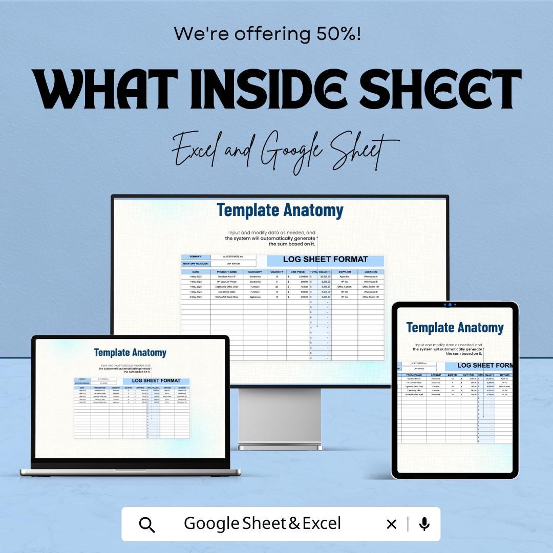Log Sheet Format – Excel & Google Sheets – Inventory Tracking, Product Management, Data Recording – Customizable Log Template