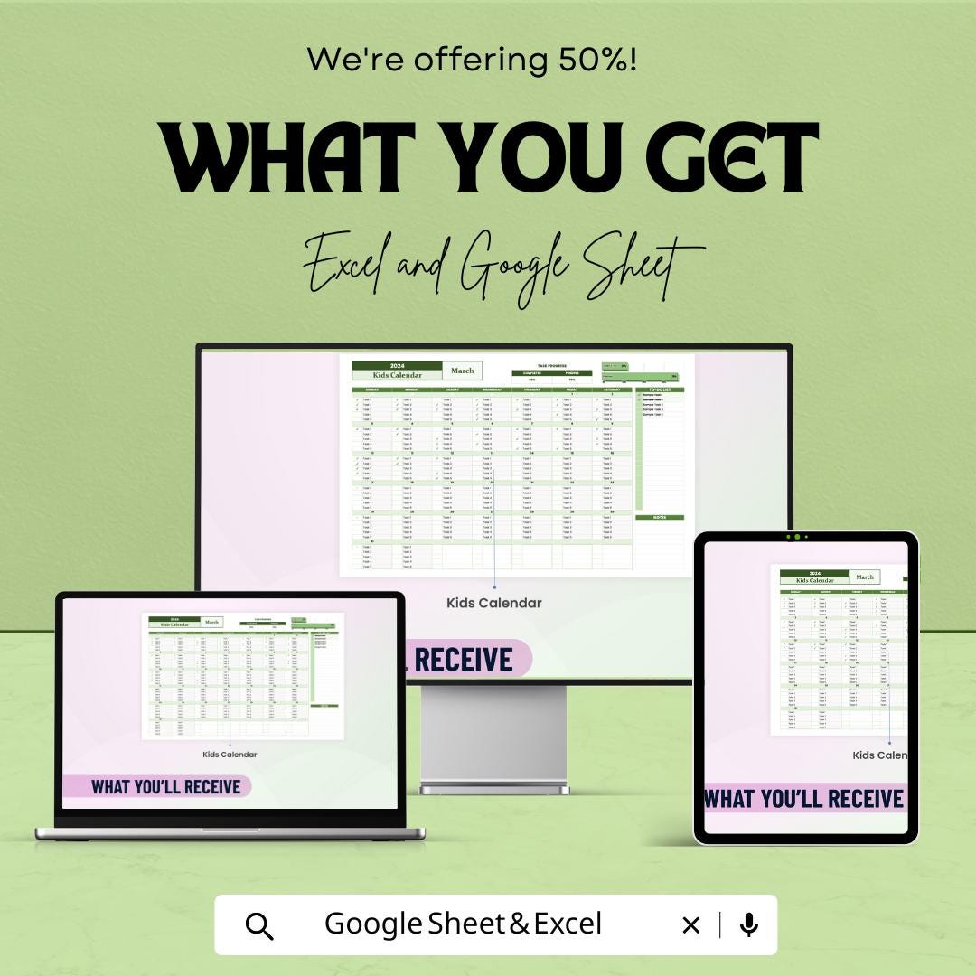 Kids Calendar Template | 2025 Calendar Sheet for Kids | Excel & Google Sheets | Customizable Kids Planner | Activity Tracker
