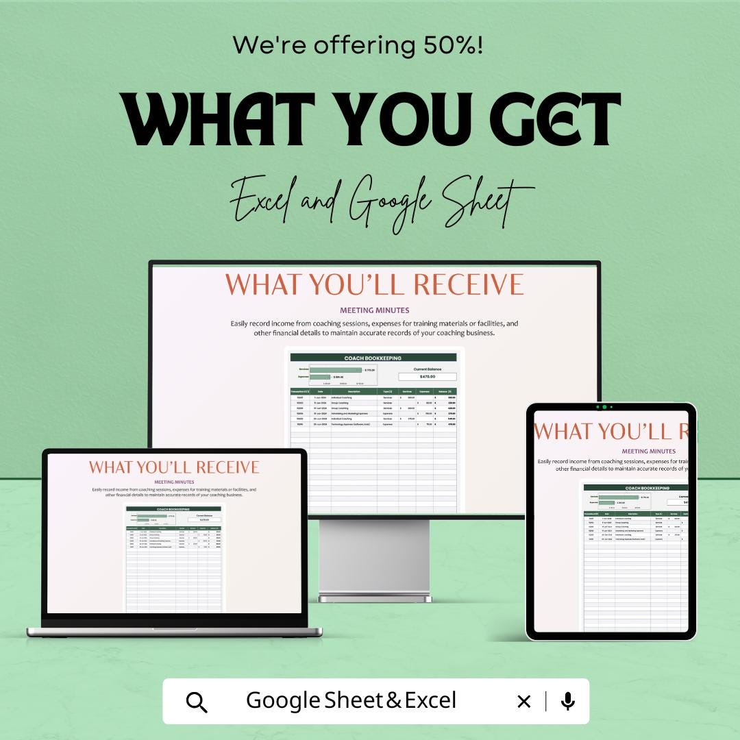 Coach Bookkeeping Template Google Sheet & Excel | Finance Tracker for Coaches | Coaching Business Expense Income Spreadsheet | 50% OFF