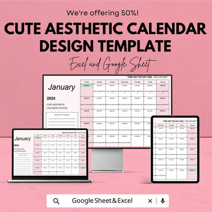 Cute Aesthetic Calendar Design Template | Minimalist Monthly Planner | Editable Digital Calendar | Printable Pink Planner Template