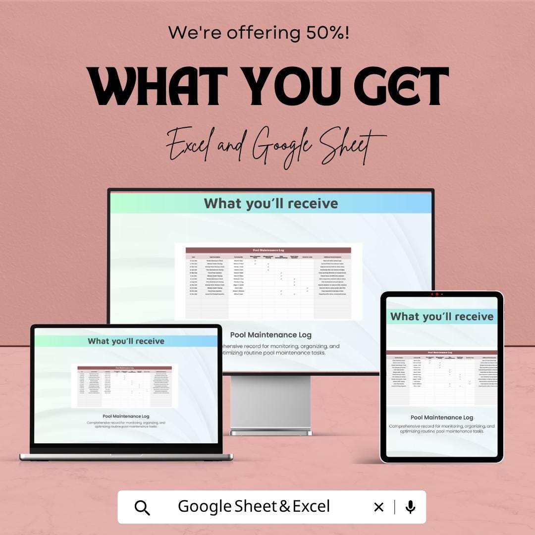 Pool Maintenance Log Template | Pool Cleaning Checklist Spreadsheet | Water Quality Tracker | Excel & Google Sheets | Pool Service Record