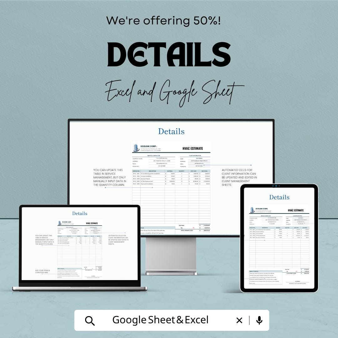 HVAC Estimate Template | HVAC Contractor Estimate Spreadsheet | HVAC Bid Proposal Template | Job Cost Estimate Sheet