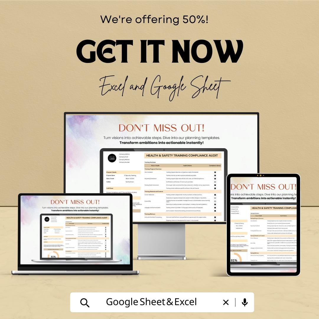 Health and Safety Training Compliance Audit Template Excel Google Sheets, Safety Compliance Checklist, Workplace Safety Audit Spreadsheet