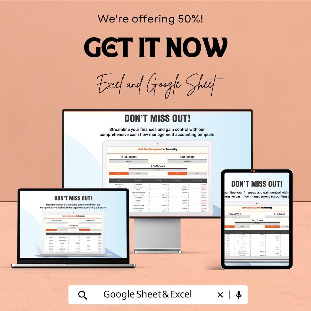 Cash Flow Management for Accounting | Excel & Google Sheet Template | 50% Off! | Financial Tracker