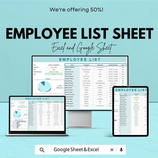 Employee List Template - Excel & Google Sheet, Employee Directory, Workforce Tracker, Customizable HR Tool