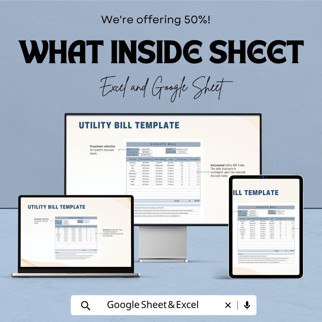 Utility Bill Template | Monthly Utility Expense Tracker | Household Bill Spreadsheet | Excel & Google Sheets | Utility Payment Management