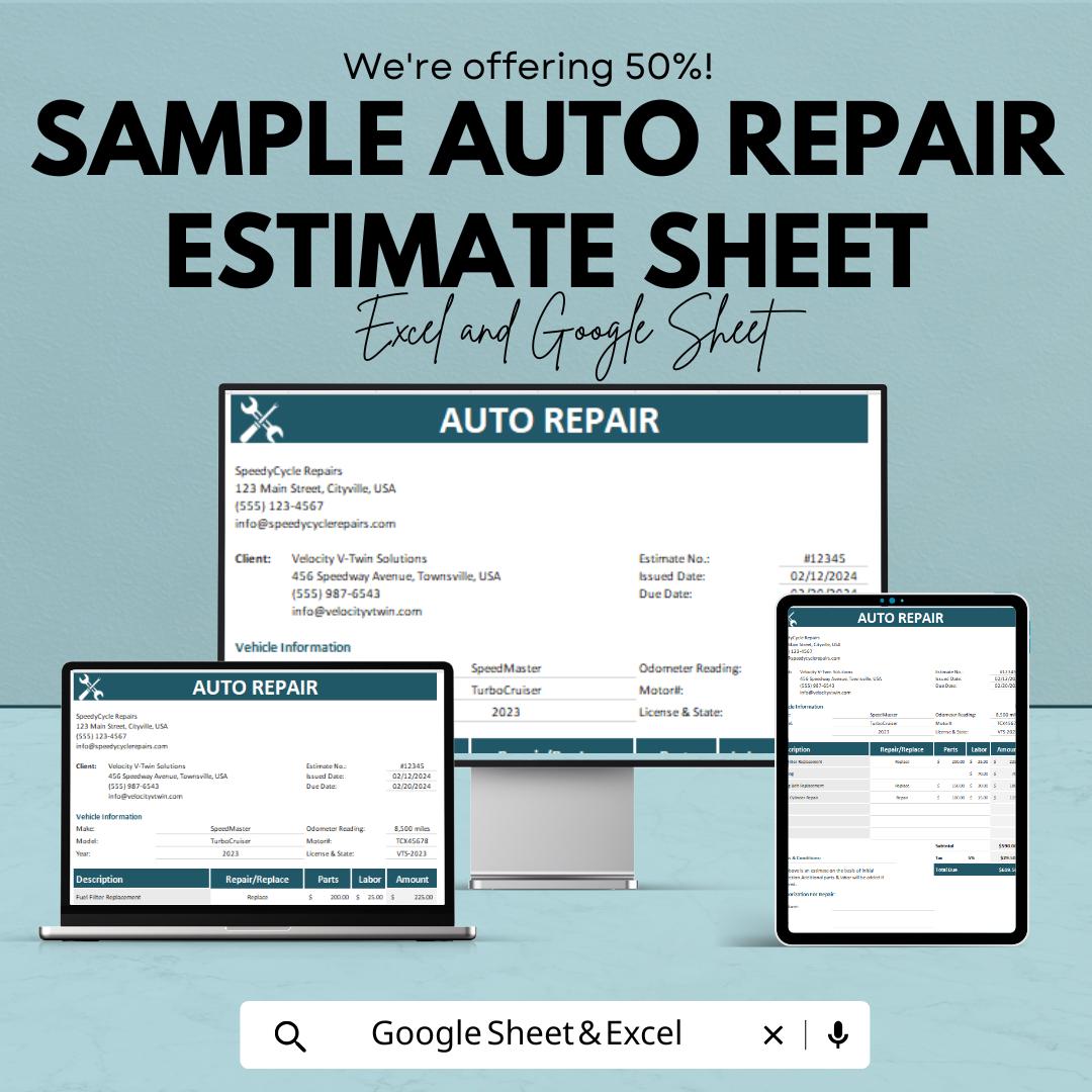 Sample Auto Repair Estimate Sheet | Excel & Google Sheet Template | Auto Repair Service Invoice | Customizable Vehicle Repair Estimate