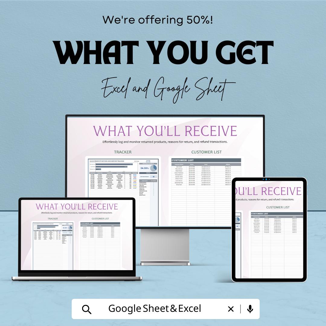 Sales Return and Refund Tracker, Product Return Template, Refund Log Spreadsheet, Customer Return Tracker,