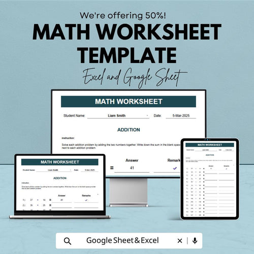 Math Worksheet Template | Addition Worksheet Sheet | Printable Math Practice | Teacher Resource Template | Excel & Google Sheets |