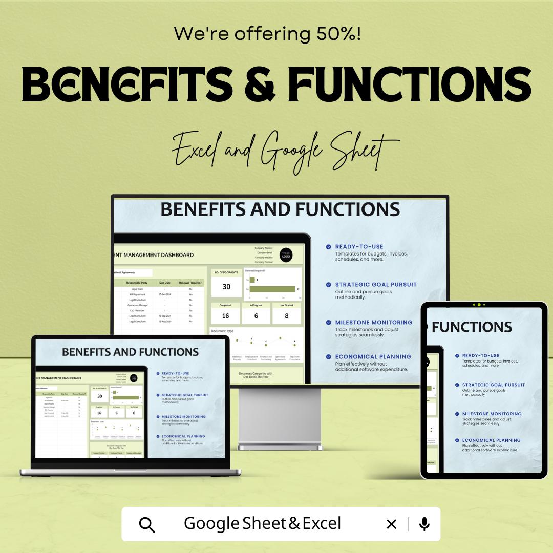 Startup Legal Document Management Dashboard Template | Excel & Google Sheets | Legal Document Tracker | Business Legal Spreadsheet