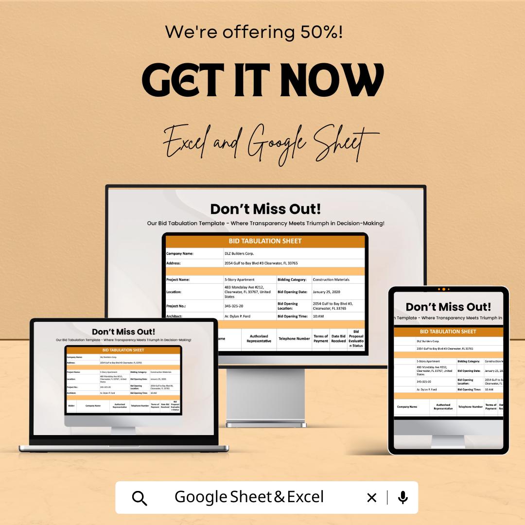 Bid Tabulation Template - Excel & Google Sheets | Vendor Comparison | Project Bid Analysis Tool