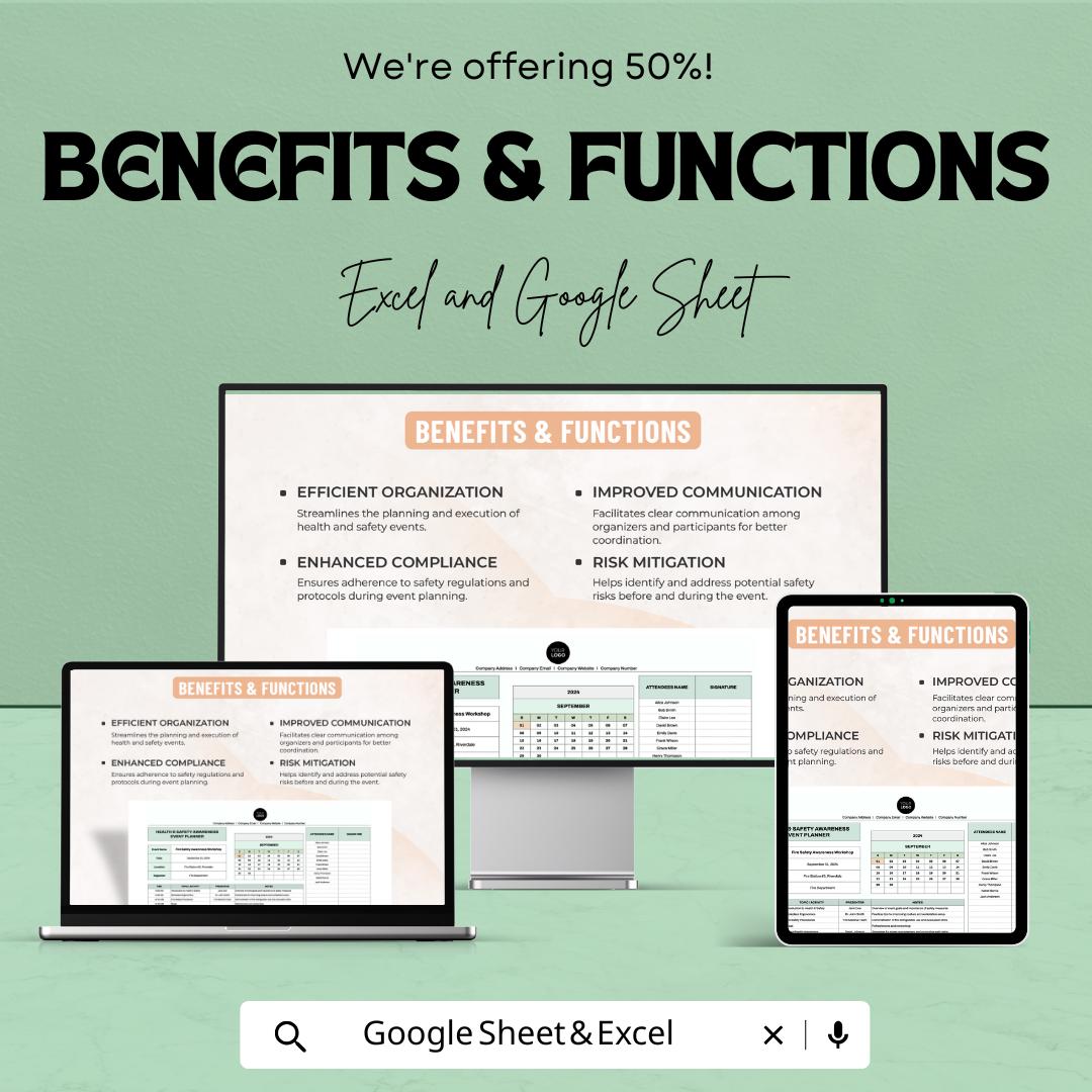 Health & Safety Awareness Event Planner Sheet | Google Sheet | Event Planning Template | Health Safety Management | Google Sheets and Excel